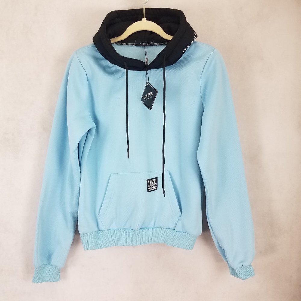 Zaful Hooded Pullover Sweater Hoodie Blue Black Drawstring Women M Athletic NEW